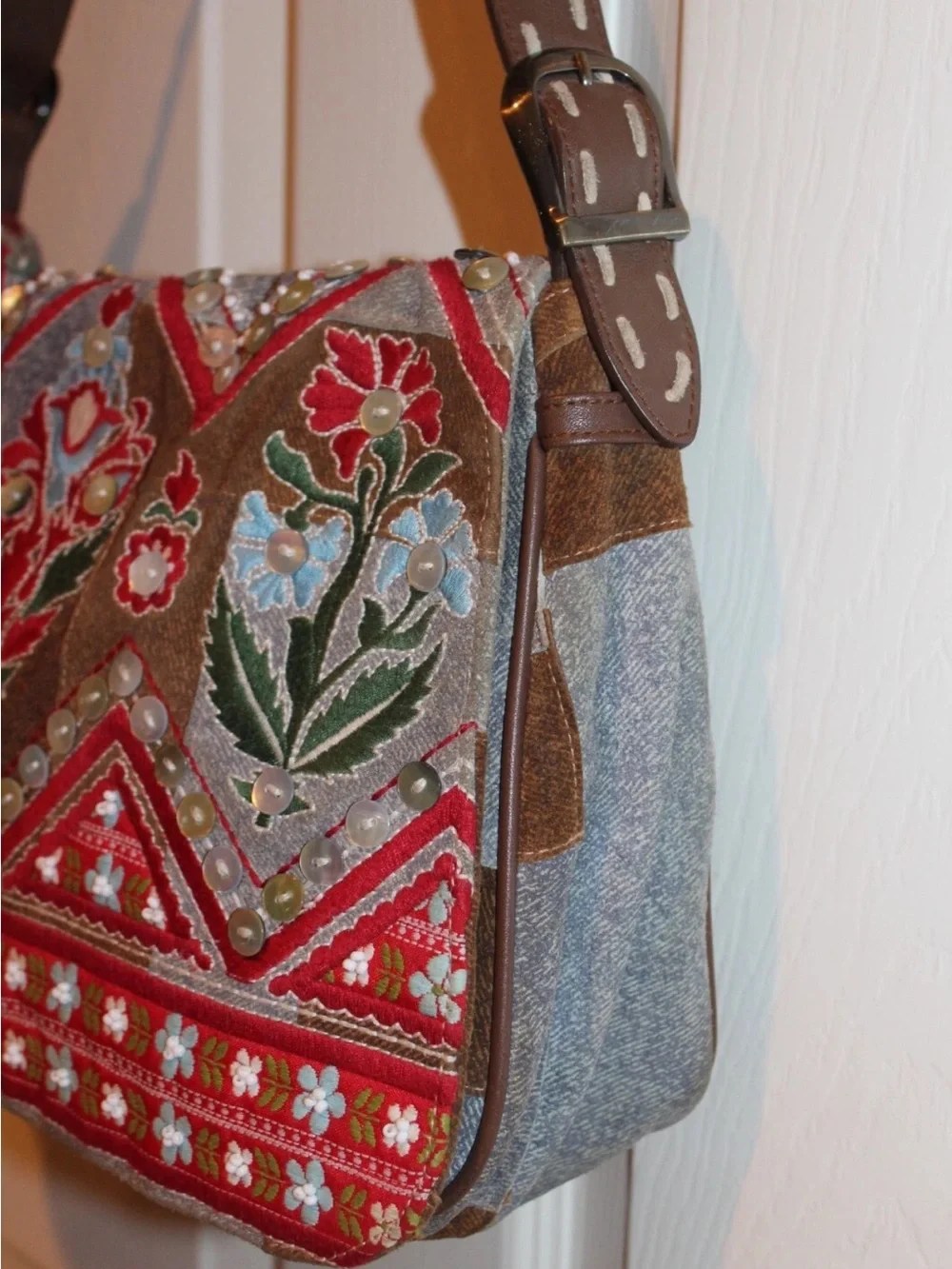 Isabella Fiore Denim PatchworkEmbroidered Boho Flap Hobo Shoulder Bag